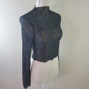 SHEIN Womens Black Floral Print Mock Neck Sheer Mesh Top